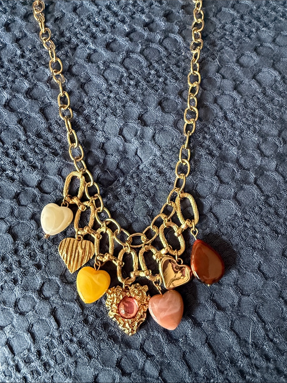American Eagle Outfitters Gold Charm Necklace with Multicolor Stone Hearts